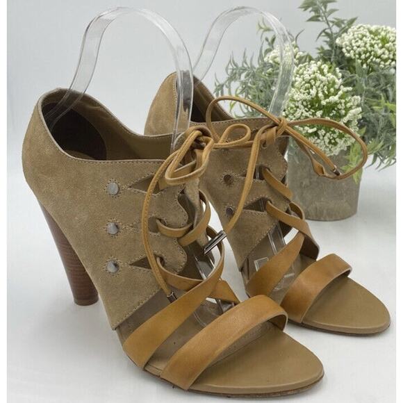 TOD'S Tan Cutout Leather Paneled Two Toned Suede Cone Heeled Sandals Sz 39/US 8 - Picture 1 of 13